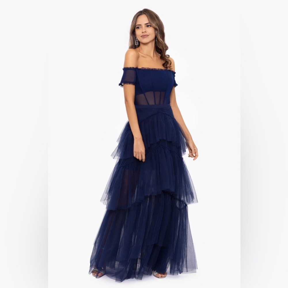 Betsy & Adam Navy Tulle Tiered Off-Shoulder Gown Size 6 NWT GALA Formal Evening